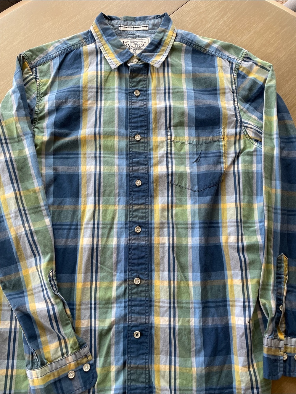Nautica Blue, Green & Yellow Plaid Button-Down Shirt Sea Voyage Size M